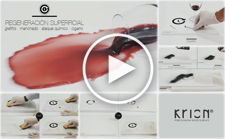 KRION® video trials “Cleaning / Regeneration – graffiti, stains, chemical attacks, cigarettes” Solid Surface