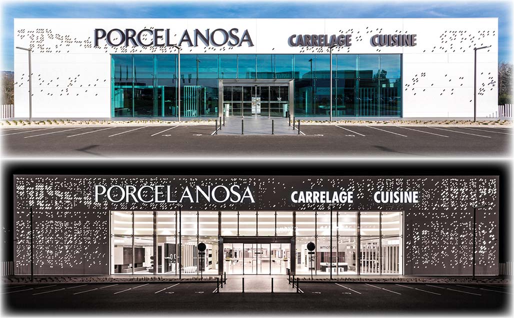 La fusione ideale di Butech e KRION Solid Surface nella facciata sgranata PORCELANOSA Lyon (Francia)