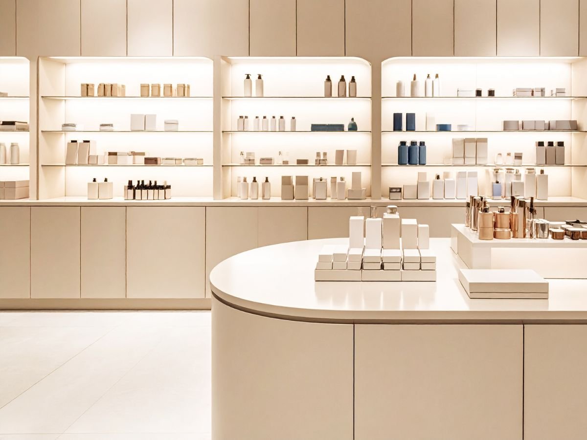 Minimalist retail interior with products in warm, natural tones, terracotta and earth palette