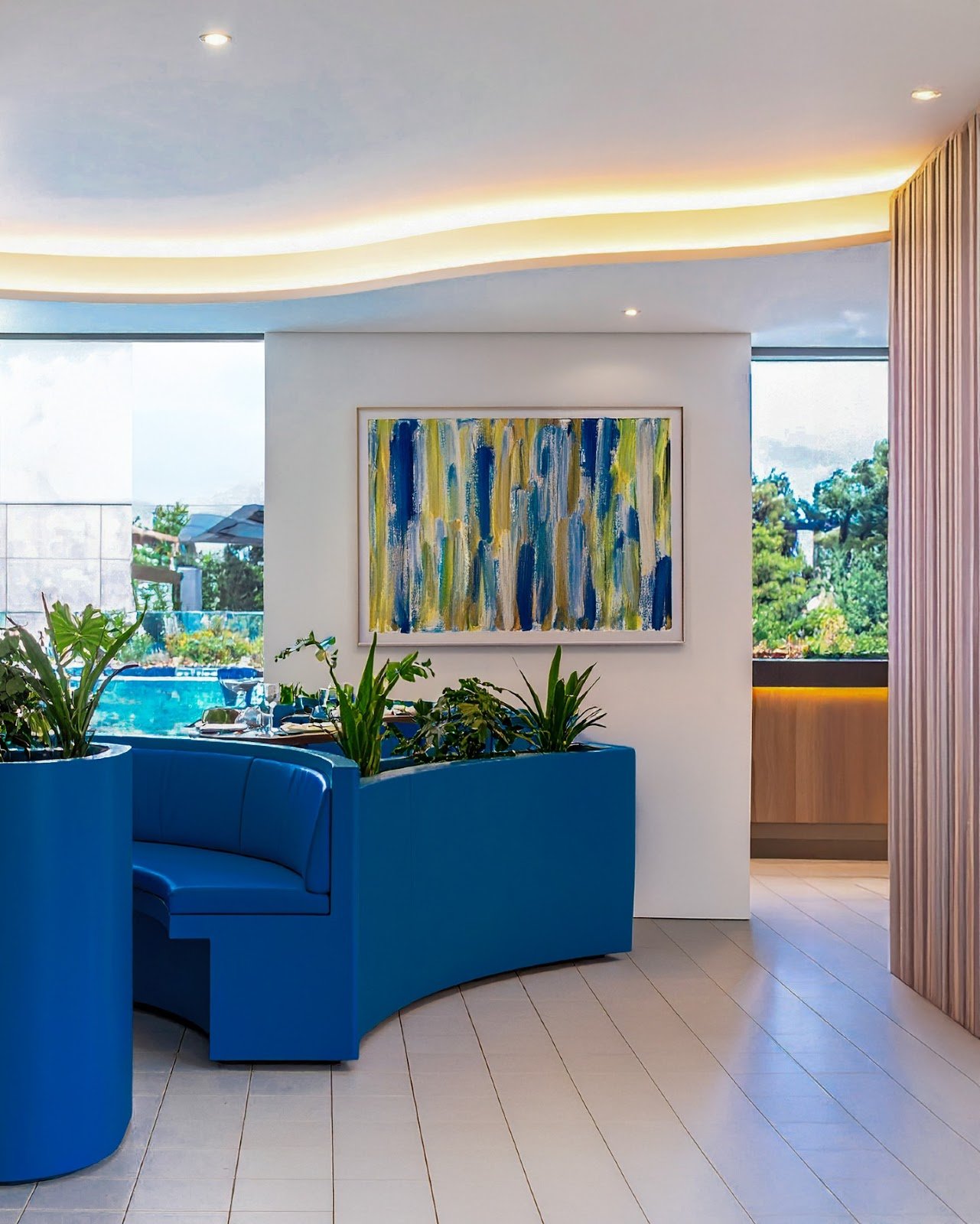 Contemporary interior with intense, vibrant colors, featuring blue and transformative tones